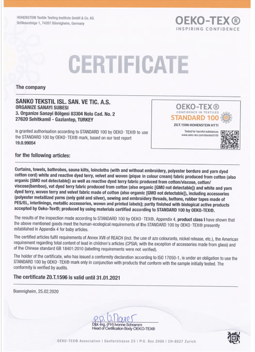 OEKO-TEX Confidence In Textiles Standard 100 Certificate